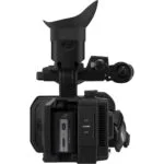 Professional video camera with adjustable viewfinder and grip, ideal for filmmakers and videographers.