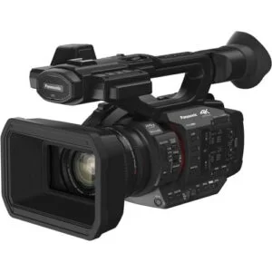 Panasonic 4K camcorder with lens and controls, ideal for professional video recording.