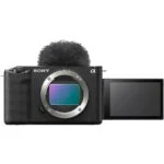 Sony mirrorless camera with flip-out screen, ideal for vlogging and photography.