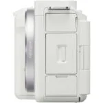 Side view of a white full-frame mirrorless camera body.