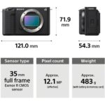 Sony mirrorless camera body with full frame Exmor R CMOS sensor, 12.1 MP, dimensions and weight details.