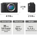 Sony mirrorless camera body with full-frame sensor, dimensions, and weight details.