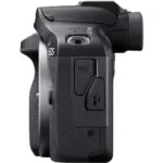 Side view of a Canon camera body with microphone and headphone ports.
