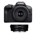 Canon EOS camera with lens and mount adapter, ideal for photography enthusiasts.