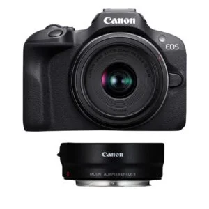Canon EOS camera with lens and mount adapter, ideal for photography enthusiasts.
