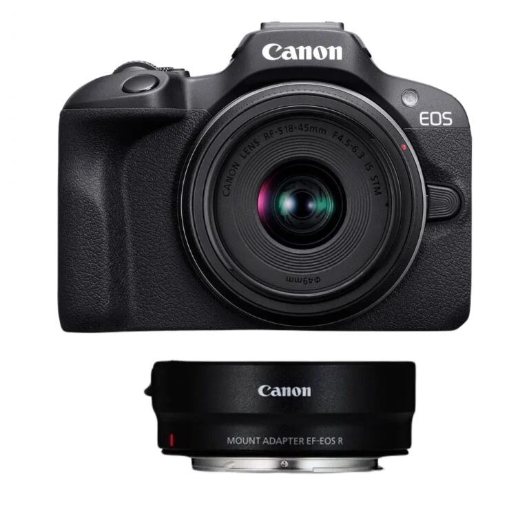 Canon EOS camera with lens and mount adapter, ideal for photography enthusiasts.