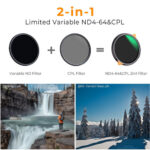 2-in-1 Variable ND4-64 and CPL Filter for photography, shown with landscape images.
