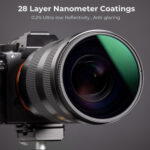 Professional camera with lens featuring 28 layer nanometer coatings for reduced glare.