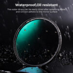 Waterproof and oil-resistant camera lens filter with water droplets.