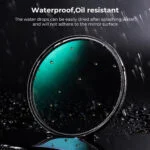 Waterproof and oil-resistant camera lens filter with water droplets.