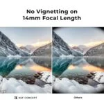 Comparison of landscape photos showing no vignetting with K&F Concept lens filter at 14mm focal length.