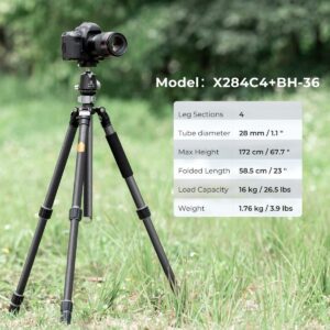 K&F Concept Carbon Fiber Professional Photography Tripod with 36mm Metal Ball Head Max Load 16KG Max Height 172cm for Indoor Outdoor