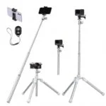 Versatile tripod with smartphone, action camera, and digital camera mounts, ideal for photography and video recording.