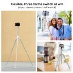 Versatile tripod for cameras and smartphones, used as tripod, desktop stand, and selfie stick.