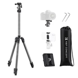 K&F Concept camera tripod with accessories including phone holder and carrying bag.