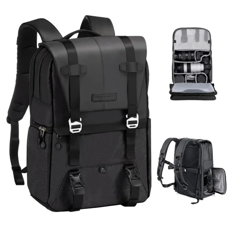 K&F Concept camera backpack with compartments for cameras and lenses, ideal for photographers.