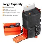 Camera backpack with large capacity for laptop, camera, lenses, and accessories.