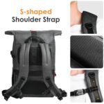 Camera backpack with S-shaped shoulder strap for comfort and support.