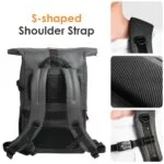 Camera backpack with S-shaped shoulder strap for comfort and support.
