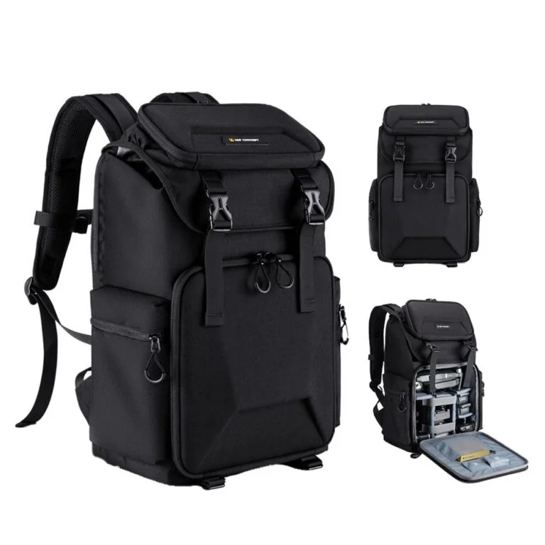 Black K&F Concept camera backpack with multiple compartments for photography gear.
