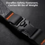 Duraflex safety fasteners on camera strap, supports 80 lbs, ideal for heavy photography gear.