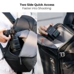 K&F Concept camera backpack with side access for quick gear retrieval, shown with camera and battery storage.