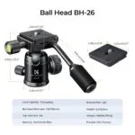 K&F Concept Ball Head BH-26 with measurements and features for photography equipment.
