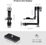 Camera tripod head with adjustable angles and size display.