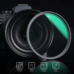 Camera lens with filter showcasing anti-scratch and waterproof features.