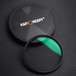 K&F Concept camera lens filter with case on dark background.