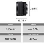 Sony FE 28-60mm f/4-5.6 lens specifications, E-mount, full frame, 5.9 oz, 40.5 mm filter diameter.
