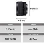 Sony FE 28-60mm f/4-5.6 lens specifications, E-mount, full frame, 66.6mm length, 45mm width, 167g weight.