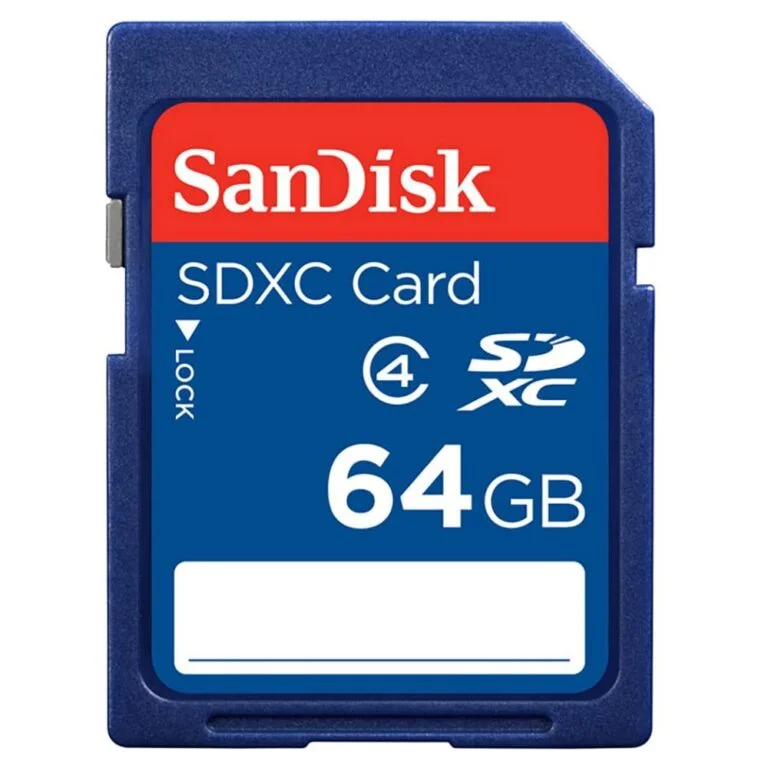 SanDisk 64GB SDXC memory card for cameras and photography gear.