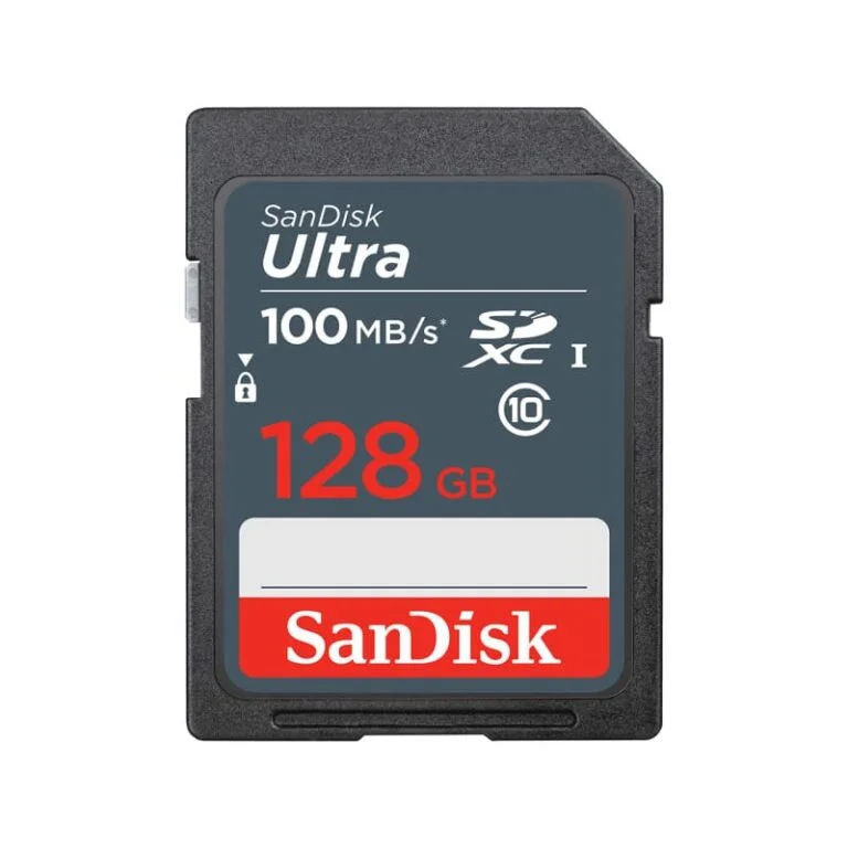 SanDisk Ultra 128GB SDXC memory card, 100MB/s speed, ideal for cameras and photography gear.