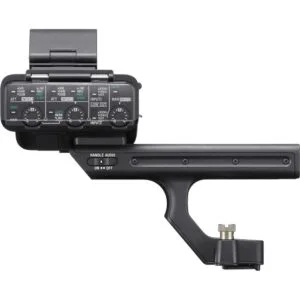 Professional camera audio handle with controls for DSLR and mirrorless cameras.