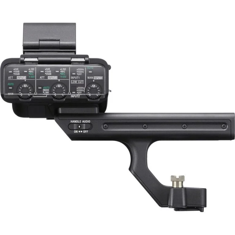 Professional camera audio handle with controls for DSLR and mirrorless cameras.