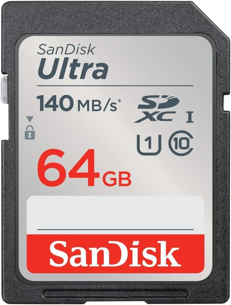 SanDisk Ultra 64GB SDXC memory card, 140MB/s speed, ideal for cameras and photography equipment.