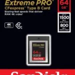 SanDisk Extreme PRO CFexpress Type B Card, 64GB, high-speed memory card for 4K video.