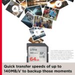 SanDisk Ultra 64GB SD card with 140MB/s transfer speed for fast photo and video backup.