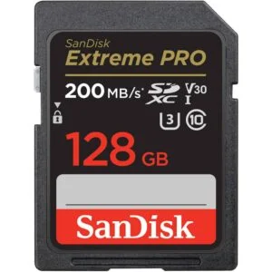 SanDisk Extreme PRO 128GB SD card for high-speed photography and video.