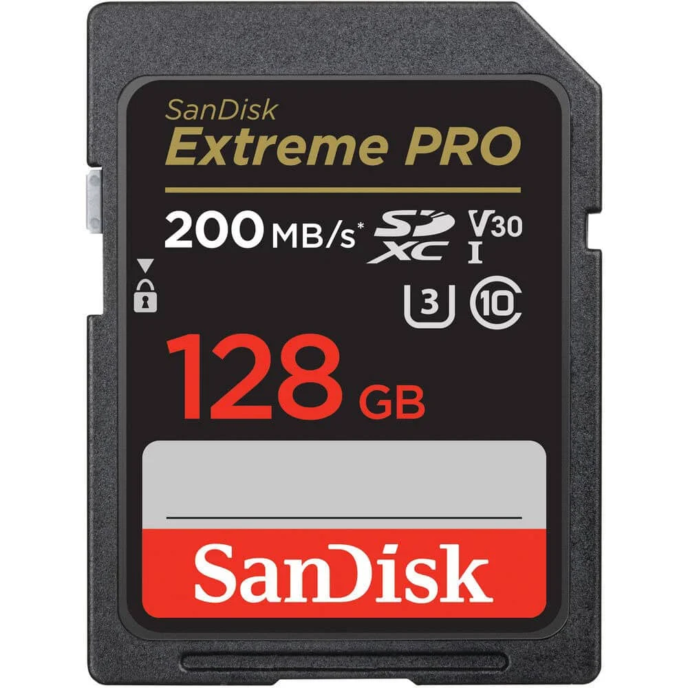 ext-pro-sd-128gb-1 SanDisk Extreme PRO 128GB SD card for high-speed photography and video.