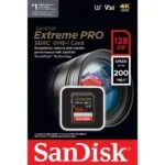 SanDisk Extreme PRO 128GB SDXC UHS-I card for high-speed photography and video, compatible with various cameras.