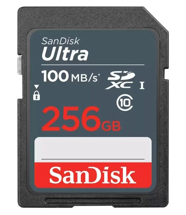 SanDisk Ultra 256GB SDXC memory card for cameras, 100MB/s speed.