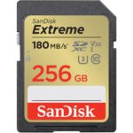 SanDisk Extreme 256GB SD card for high-speed photography and video recording.