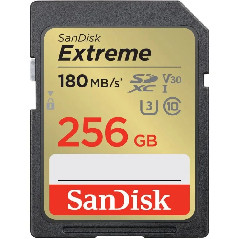 SanDisk Extreme 256GB SD card for high-speed photography and video recording.