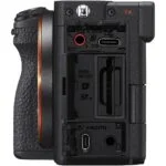 Back view of a mirrorless camera body showing ports and card slots.