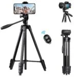 K&F Concept camera tripod with smartphone and DSLR mount, remote control included.