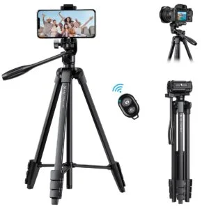 K&F Concept camera tripod with smartphone and DSLR mount, remote control included.