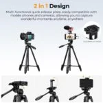 2 in 1 tripod with quick release plate for cameras and phones, featuring cold shoe connector.