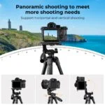 Camera tripod with panoramic shooting feature for horizontal and vertical shots, ideal for photography gear.